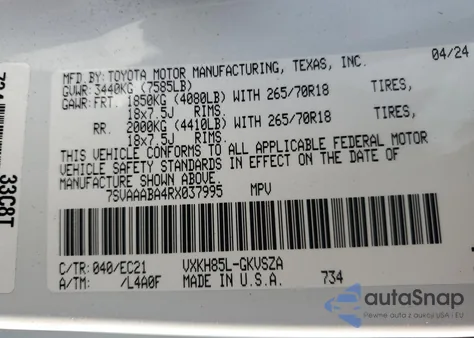 2024 Toyota Sequoia Sr5 из США, поврежденный, VIN 7SVAAABA4RX037995